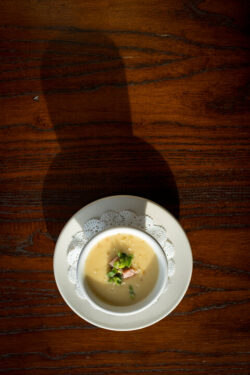 A shot from above of a bowl of soup made with local WV ingredients
