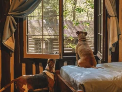Two dogs look out cabin window at wooded view in Holly River State Park